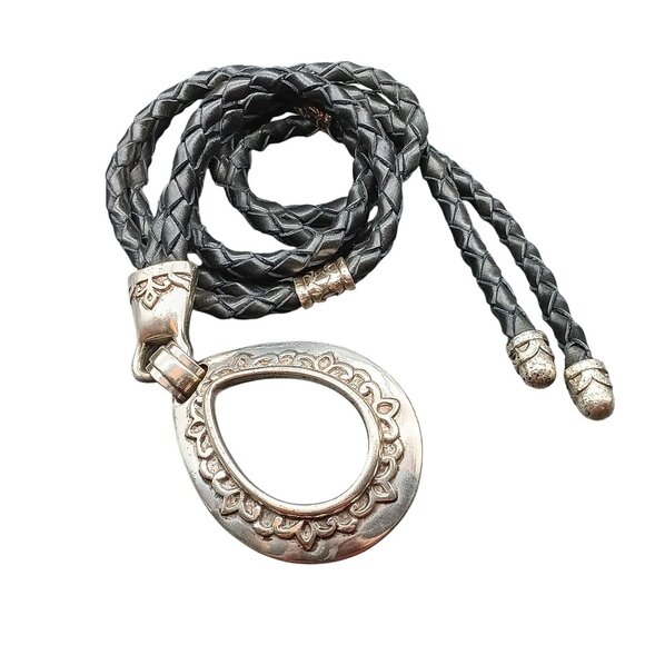 Vintage Brighton Braided Leather Belt with Ornate Silver Pendant Accessory